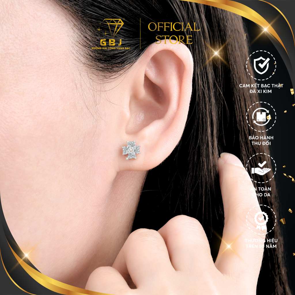 Bông Tai Nơ 4 Tim (Chốt Đẩy) Cao Cấp Chuẩn Bạc 925 - GBJ48193 - Gia Bảo Jewelry (Có Xi Kim)