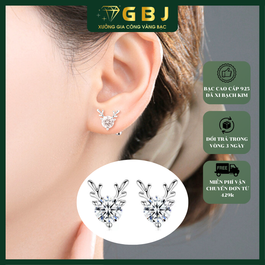 Hoa Tai Nữ Hình Tuần Lộc Đính Đá Cao Cấp Viên Chủ 6Li3 (chốt đẩy) - Bạc 925 Đã Xi Bạch Kim - Kiểu Dáng Độc Đáo, Ấn Tượng, Dành Cho Nữ  - GBJ46325 -  Gia Bảo Jewelry