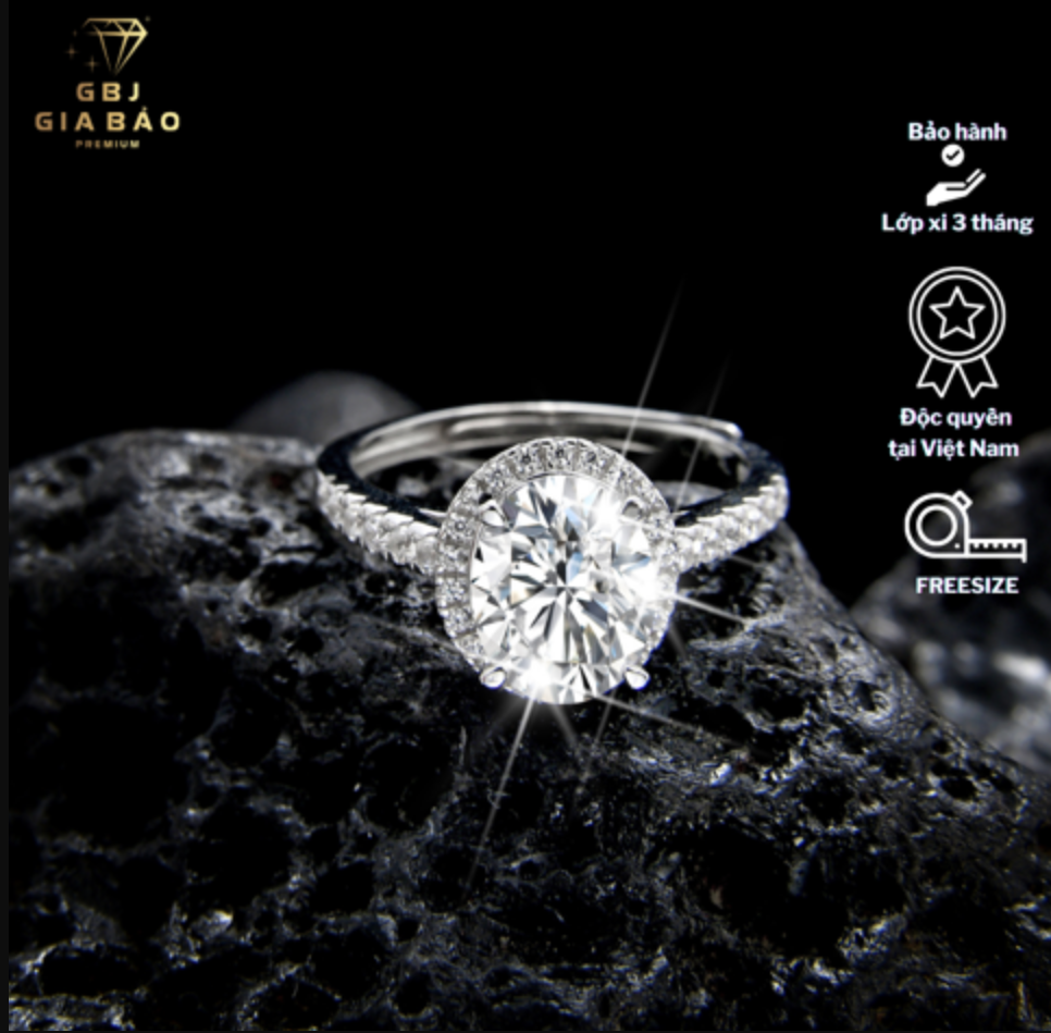 Nhẫn Xoàn Viền Đá Oval Cao Cấp Chuẩn Bạc Free Size - GBJ47499 - Gia Bảo Jewelry (Có Xi Kim)