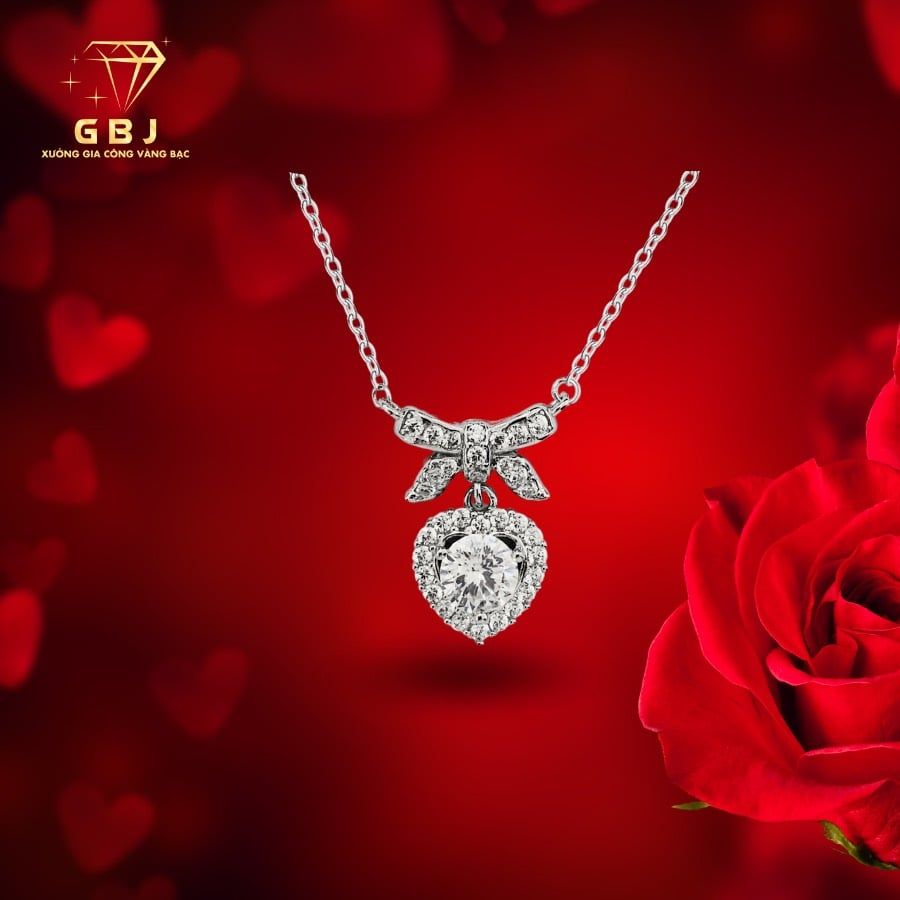 Dây Chuyền Nơ Tim Bạc 925 Xi Bạch Kim Đính Đá 5Li - Tinh Tế, Sang Trọng, Đẳng Cấp - GBJ56310 - Gia Bảo Jewelry