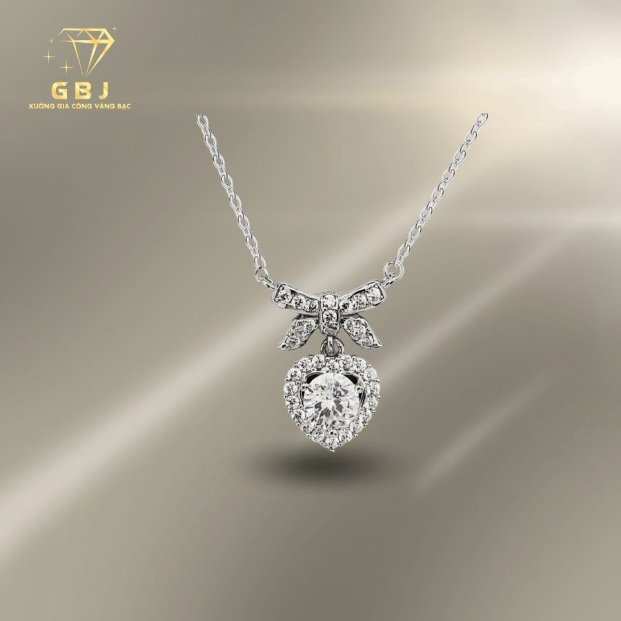 Dây Chuyền Nơ Tim Bạc 925 Xi Bạch Kim Đính Đá 5Li - Tinh Tế, Sang Trọng, Đẳng Cấp - GBJ56310 - Gia Bảo Jewelry