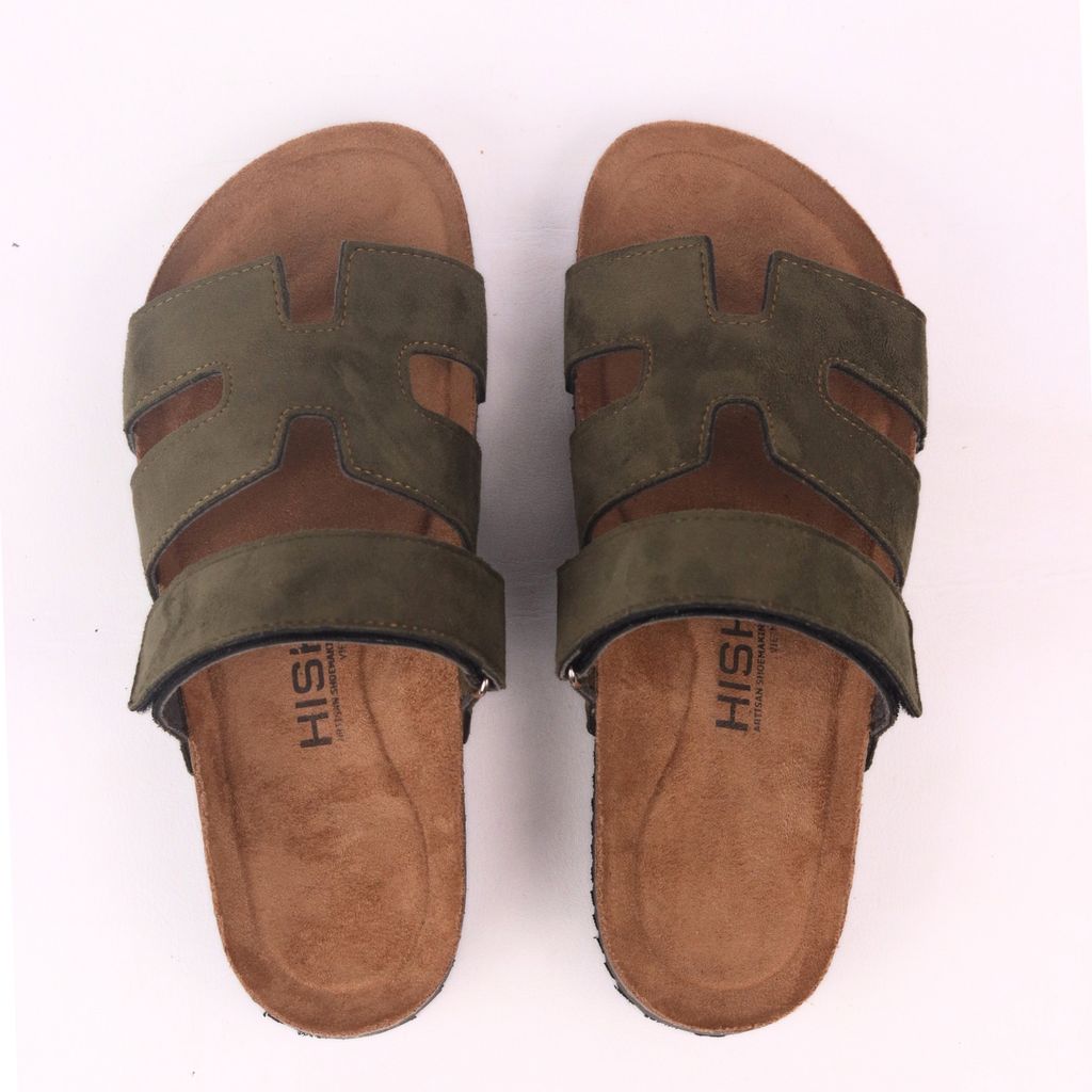 Dép đế trấu birken Chữ H Sandal quai ngang bản, da lộn premium HISHOO H104