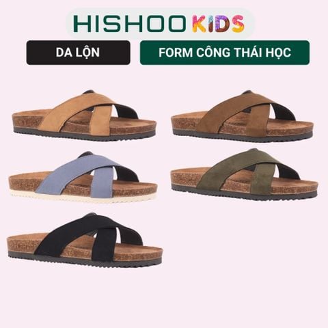 Dép đế trấu birken bé trai bé gái quai ngang chéo da lộn premium HISHOO H096