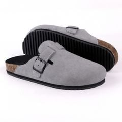 Dép đế trấu sục Boston Xám/ Kem/Bò quai ngang da lộn HISHOO R109