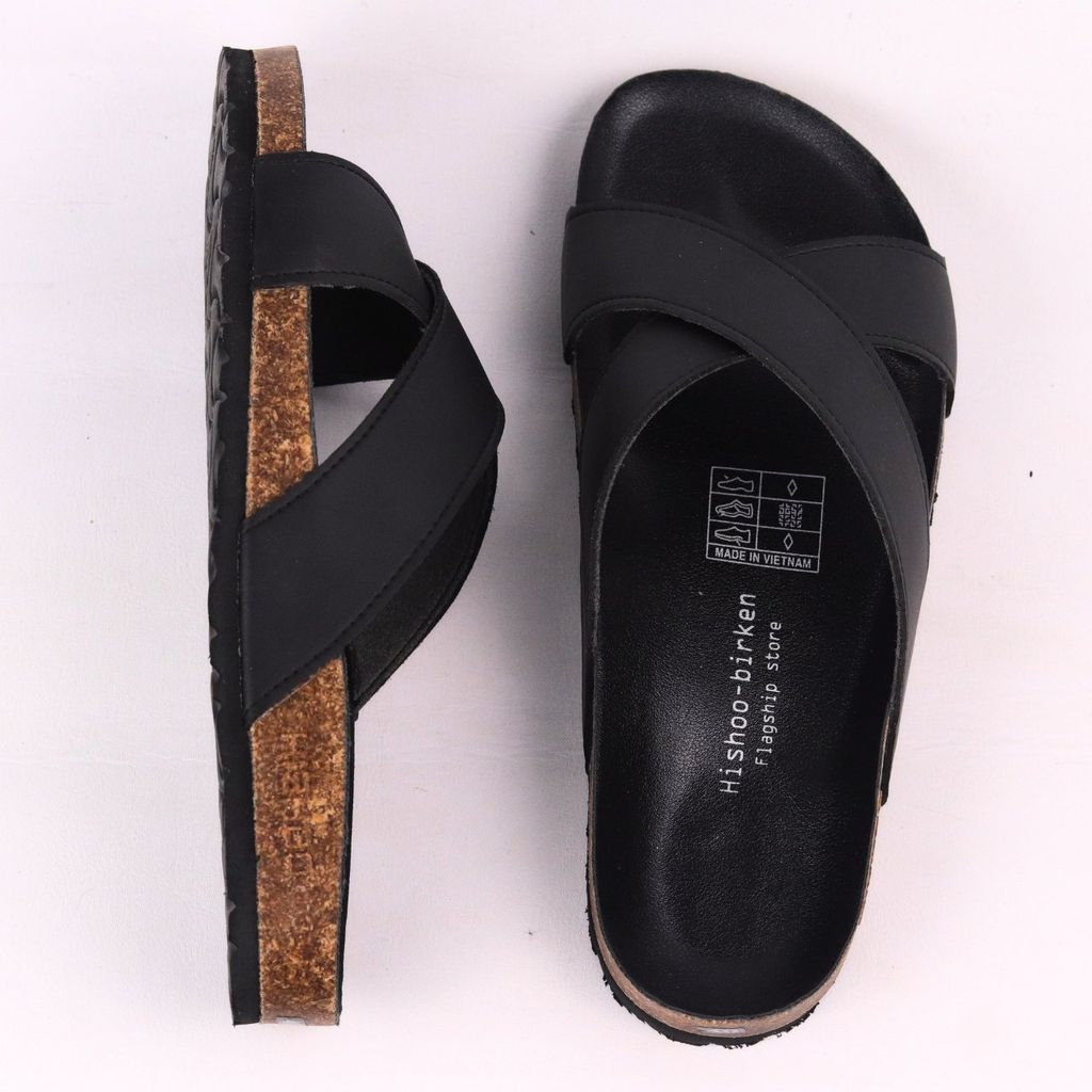 Dép đế trấu birken quai ngang chéo MẶT ĐEN da bò HISHOO M096