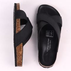 Dép đế trấu birken quai ngang chéo MẶT ĐEN da bò HISHOO M096