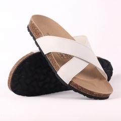 Dép đế trấu birken quai ngang chéo MẶT ĐEN da bò HISHOO M096