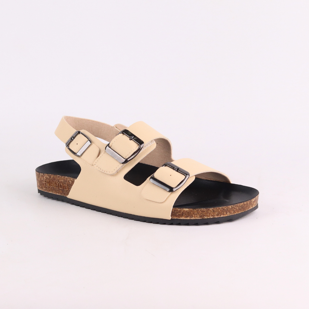 Dép đế trấu Sandal birken 2 khoá da PU mặt đen HISHOO S102
