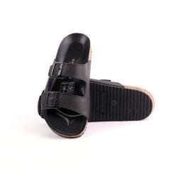 Dép đế trấu birken quai ngang 2 khoá MẶT ĐEN da bò HISHOO M093