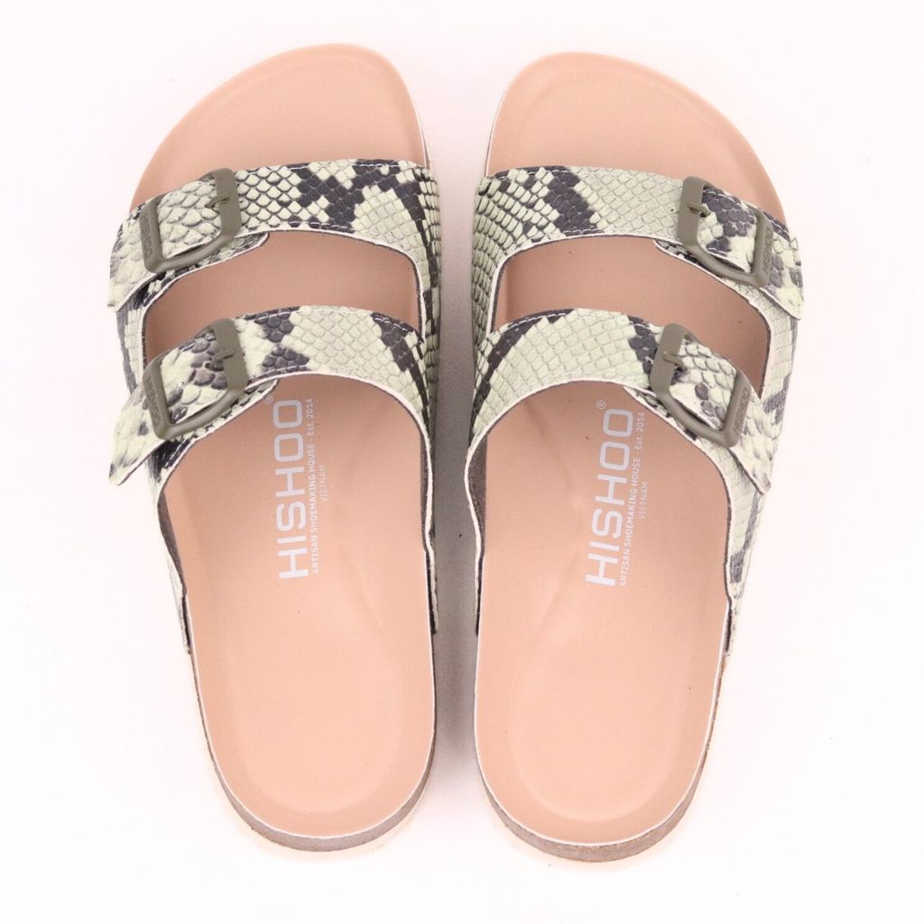 Dép đế trấu birken 2 khoá Xanh Vân Rắn premium HISHOO B093