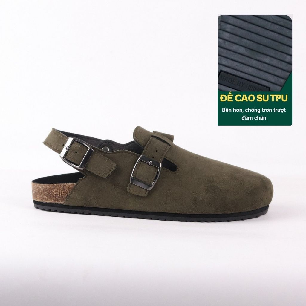Dép đế trấu Sandal sục Boston Sandal quai ngang Rêu Olive da lộn HISHOO R111