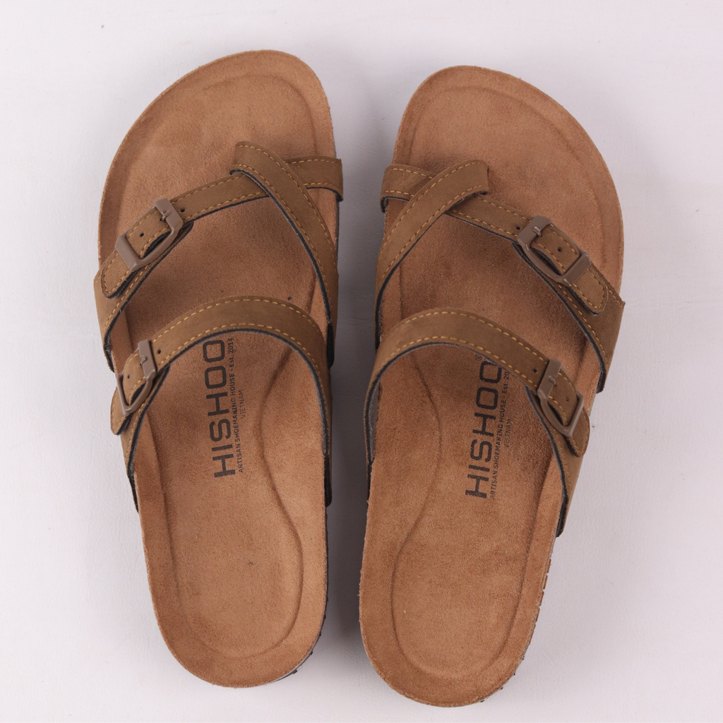 Dép đế trấu birken quai ngang xỏ ngón da lộn premium HISHOO H098