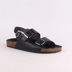 Dép đế trấu Sandal birken 2 khoá da PU mặt đen HISHOO S102