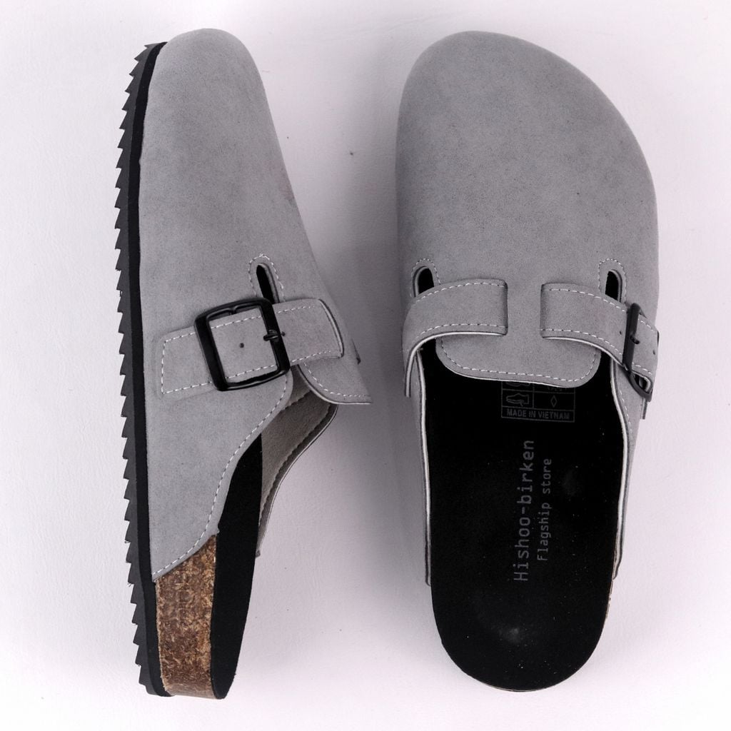 Dép đế trấu sục Boston Xám/ Kem/Bò quai ngang da lộn HISHOO R109