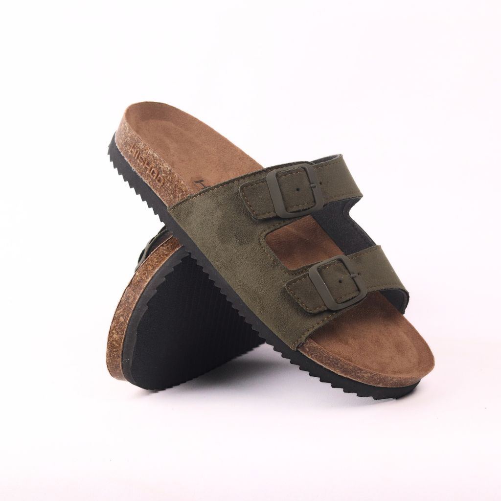 Dép đế trấu birken 2 khoá Rêu Olive da lộn premium HISHOO H093