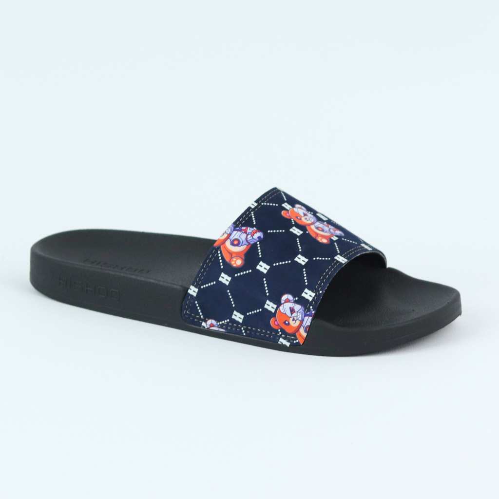 Dép quai ngang da bò Đen+Xanh Dương Gấu Bặm Trợn Monogram HISHOO U113