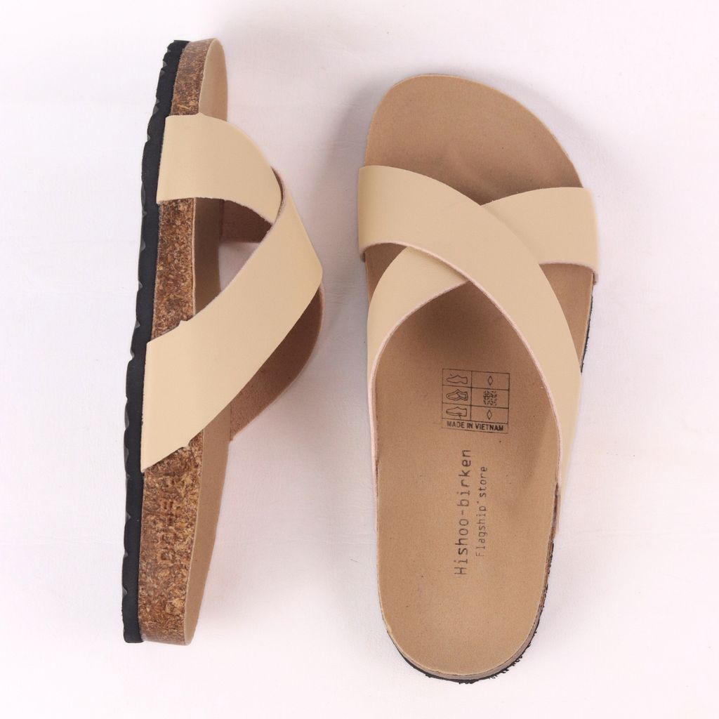 Dép đế trấu birken quai ngang chéo MẶT ĐEN HISHOO S096