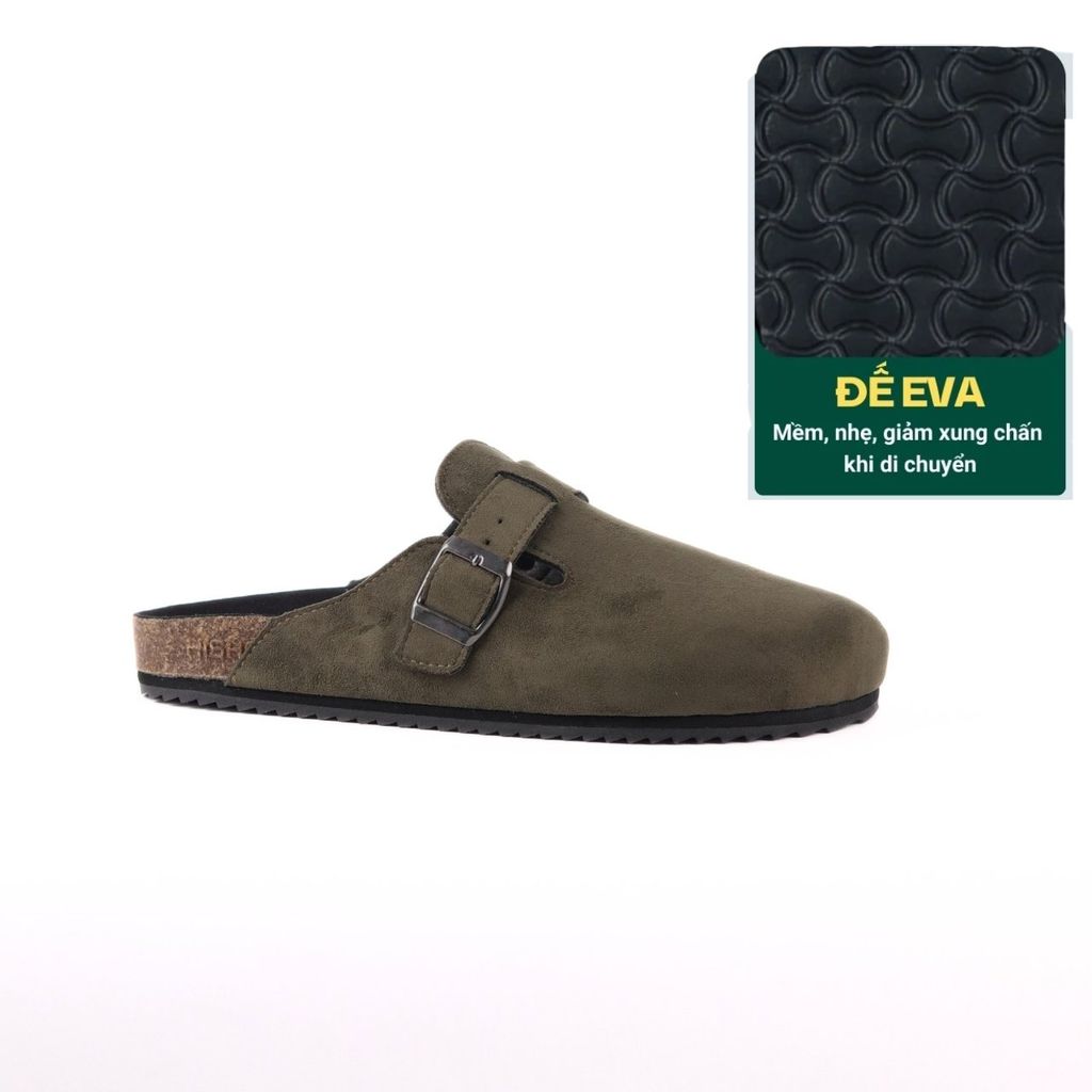 Dép đế trấu sục Boston quai ngang Rêu Olive da lộn  HISHOO R109