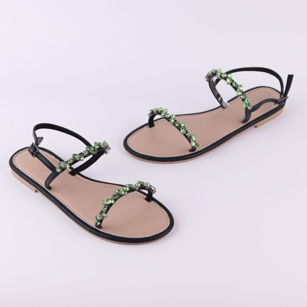 Dép Sandal Nữ Đế Bệt Quai Hậu Dây Mảnh Đính Đá HISHOO S147