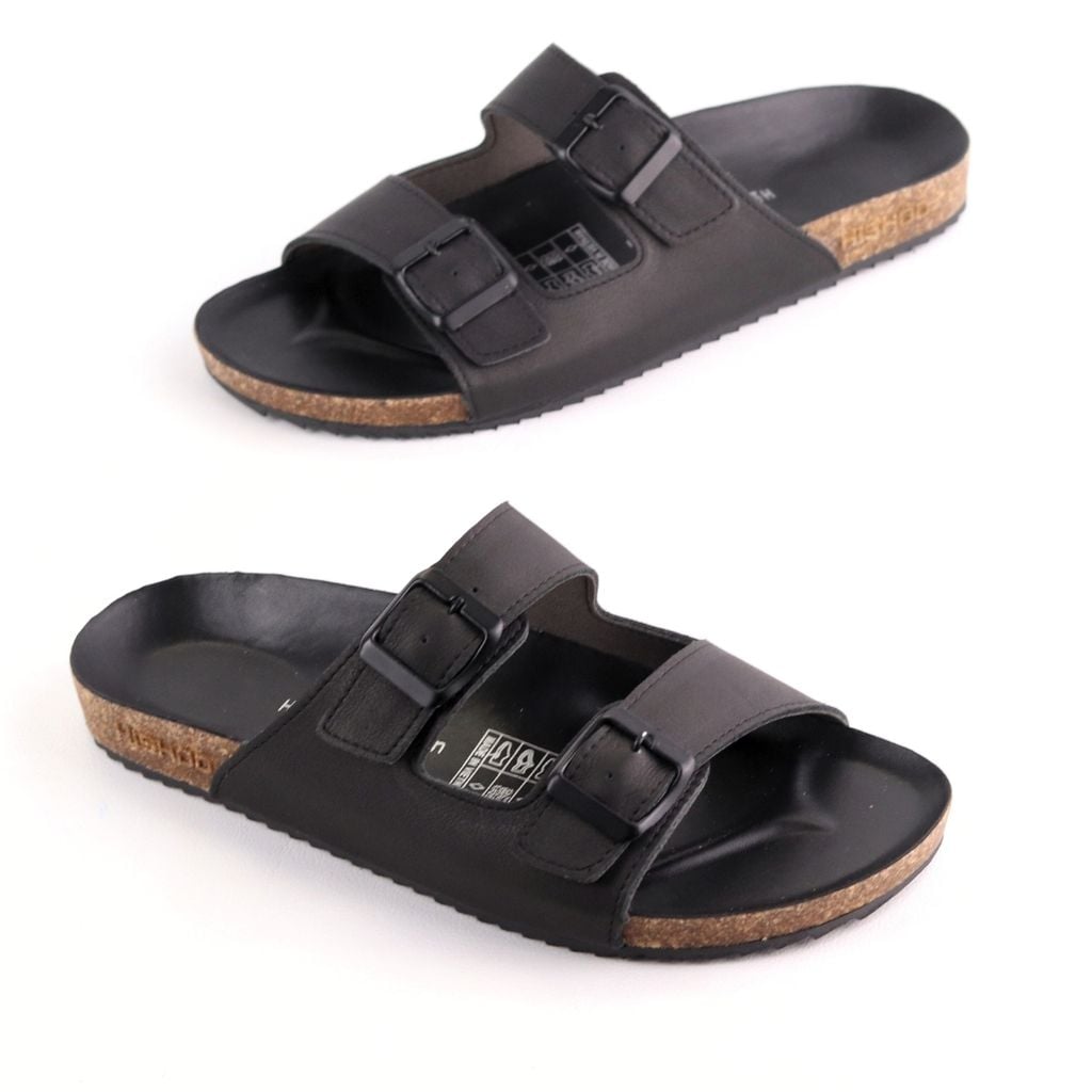 Dép đế trấu birken quai ngang 2 khoá MẶT ĐEN da bò HISHOO M093