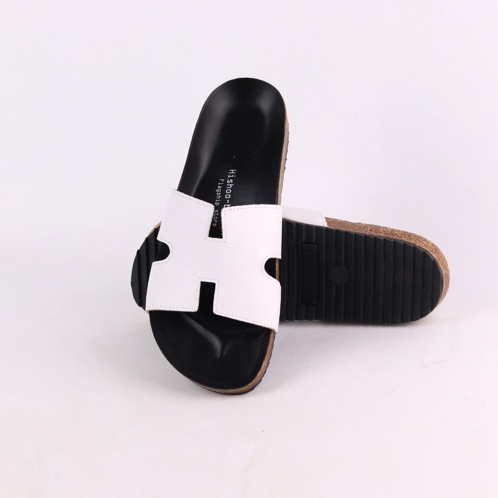 Dép đế trấu birken quai ngang chữ H MẶT ĐEN da bò HISHOO M095