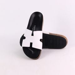 Dép đế trấu birken quai ngang chữ H MẶT ĐEN da bò HISHOO M095