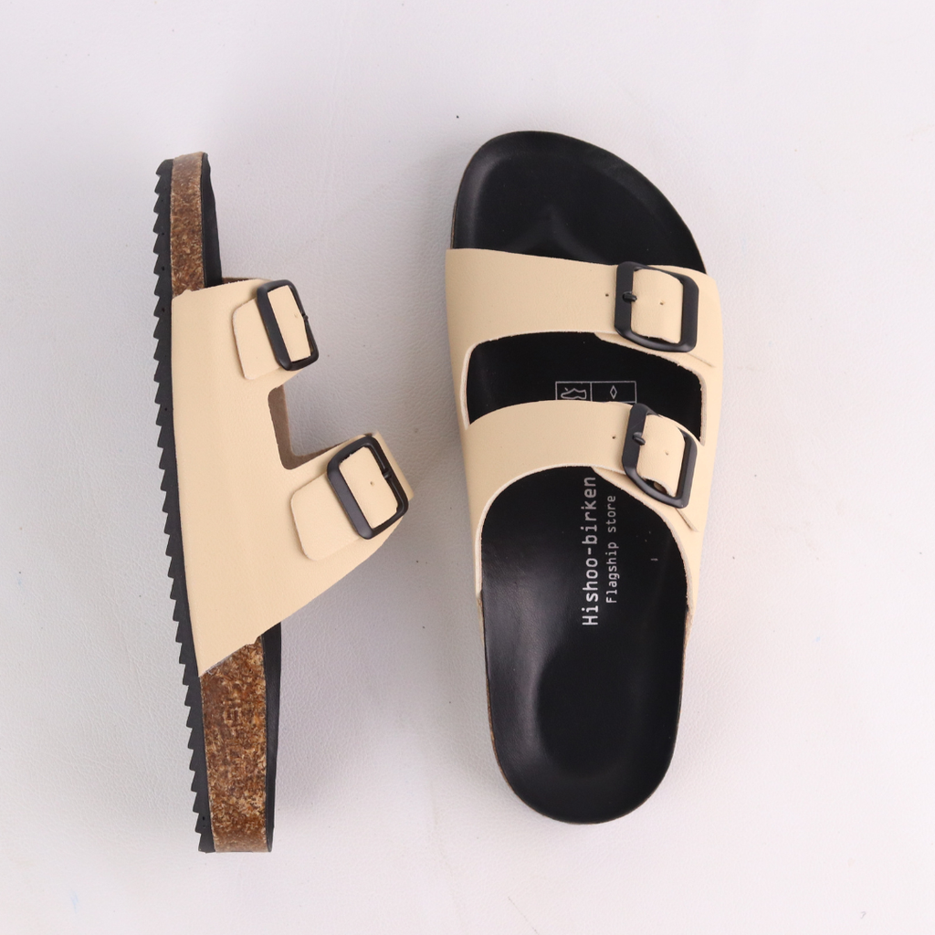 Dép đế trấu birken quai ngang 2 khoá MẶT ĐEN HISHOO S093