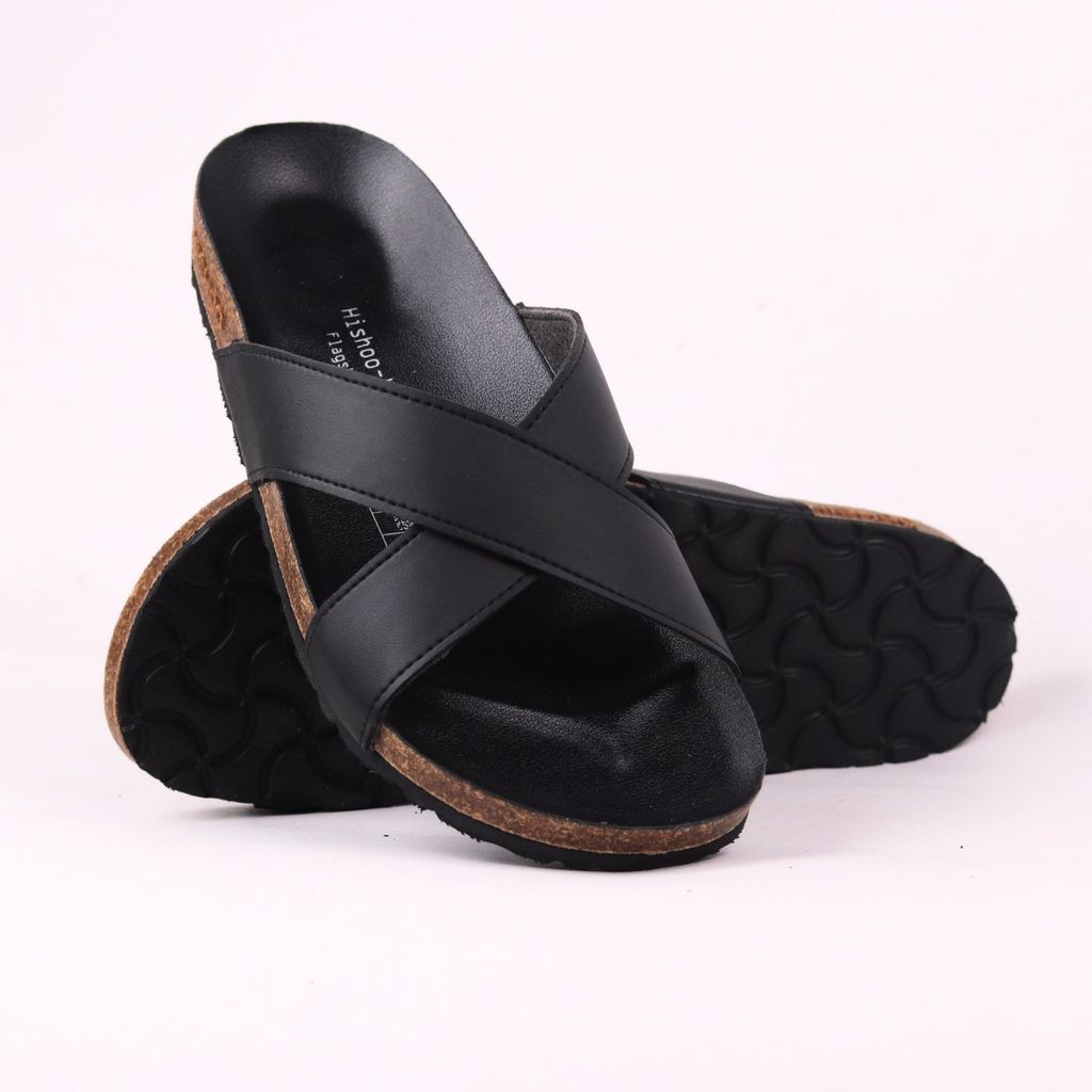 Dép đế trấu birken quai ngang chéo MẶT ĐEN da bò HISHOO M096