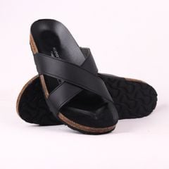 Dép đế trấu birken quai ngang chéo MẶT ĐEN da bò HISHOO M096