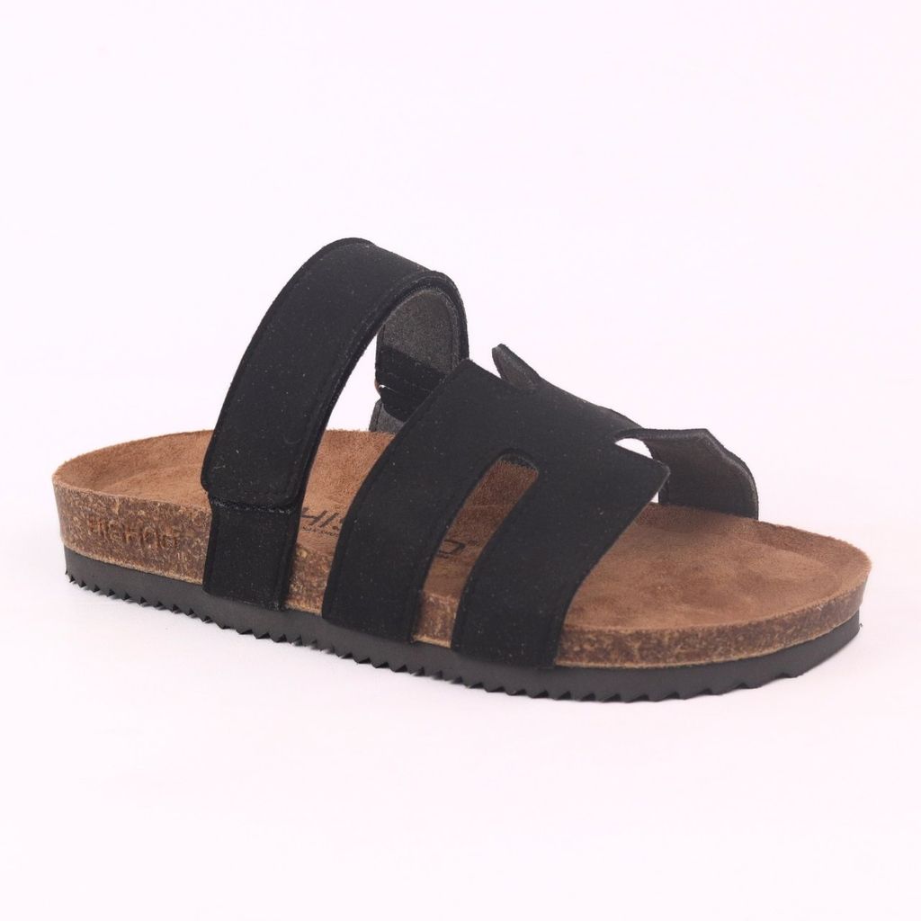 Dép đế trấu birken Chữ H Sandal quai ngang bản, da lộn premium HISHOO H104