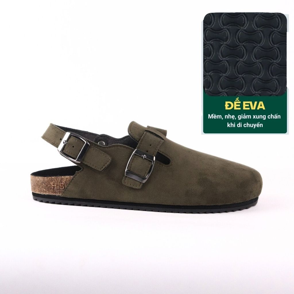Dép đế trấu Sandal sục Boston Sandal quai ngang Rêu Olive da lộn HISHOO R111