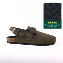 Dép đế trấu Sandal sục Boston Sandal quai ngang Rêu Olive da lộn HISHOO R111
