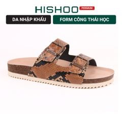 Dép đế trấu birken 2 khoá Nâu Vân Rắn premium HISHOO B093