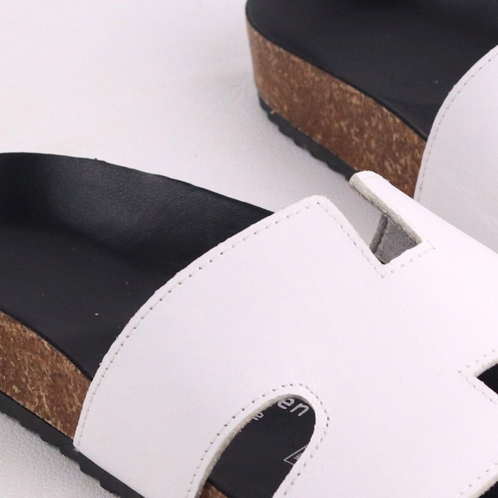 Dép đế trấu birken quai ngang chữ H MẶT ĐEN da bò HISHOO M095
