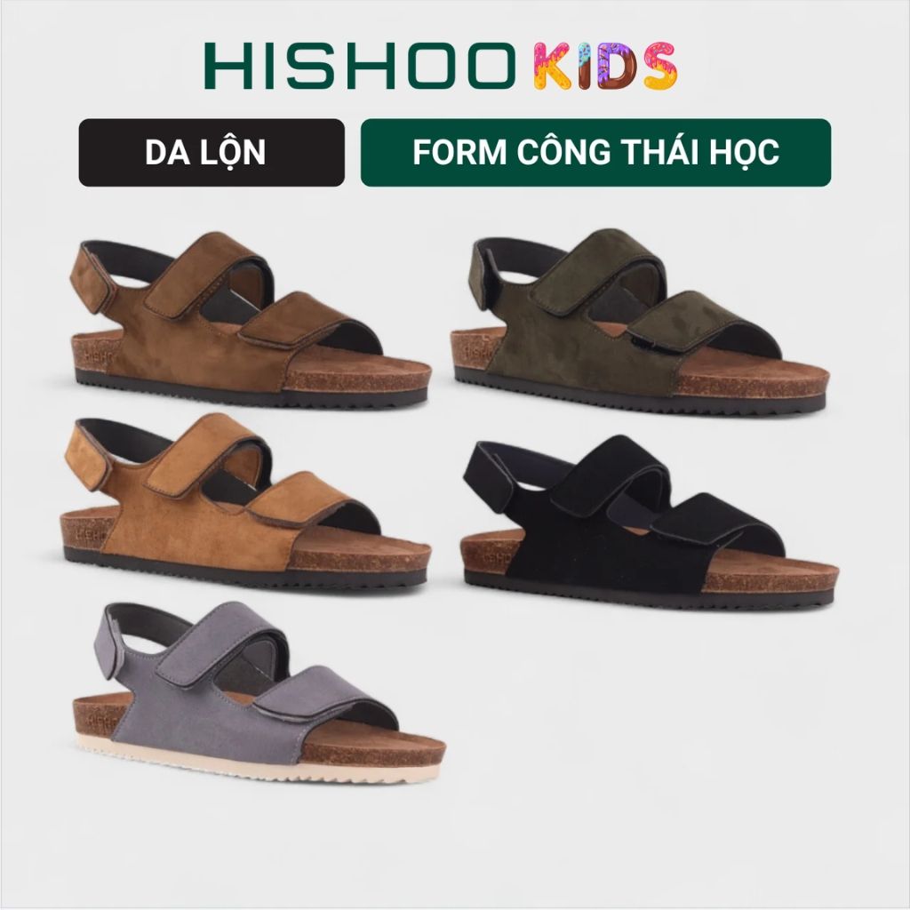 Dép đế trấu birken bé trai bé gái quai ngang sandal xé dán da lộn premium HISHOO H110