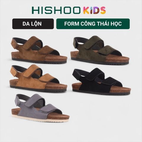 Dép đế trấu birken bé trai bé gái quai ngang sandal xé dán da lộn premium HISHOO H110
