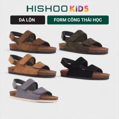 Dép đế trấu birken bé trai bé gái quai ngang sandal xé dán da lộn premium HISHOO H110