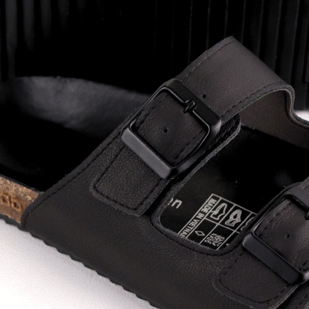 Dép đế trấu birken quai ngang 2 khoá MẶT ĐEN da bò HISHOO M093