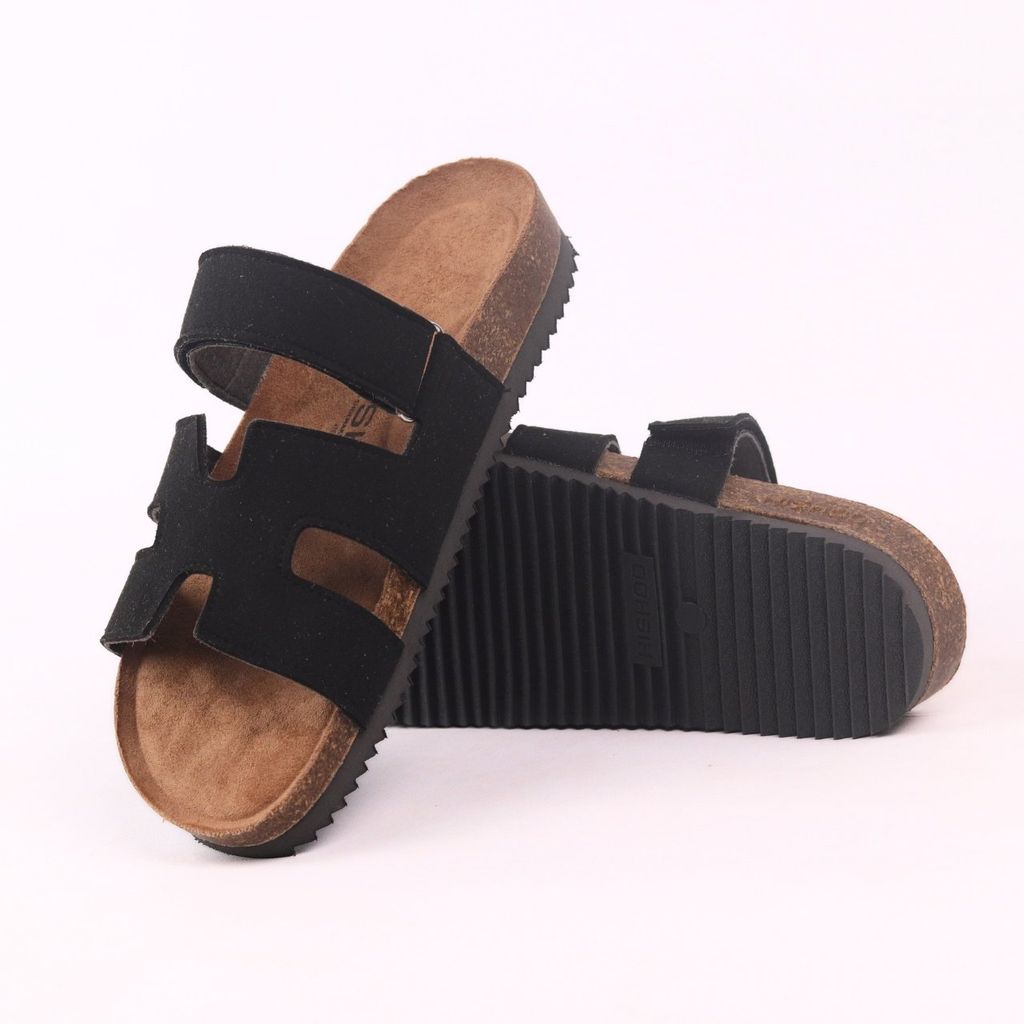 Dép đế trấu birken Chữ H Sandal quai ngang bản, da lộn premium HISHOO H104