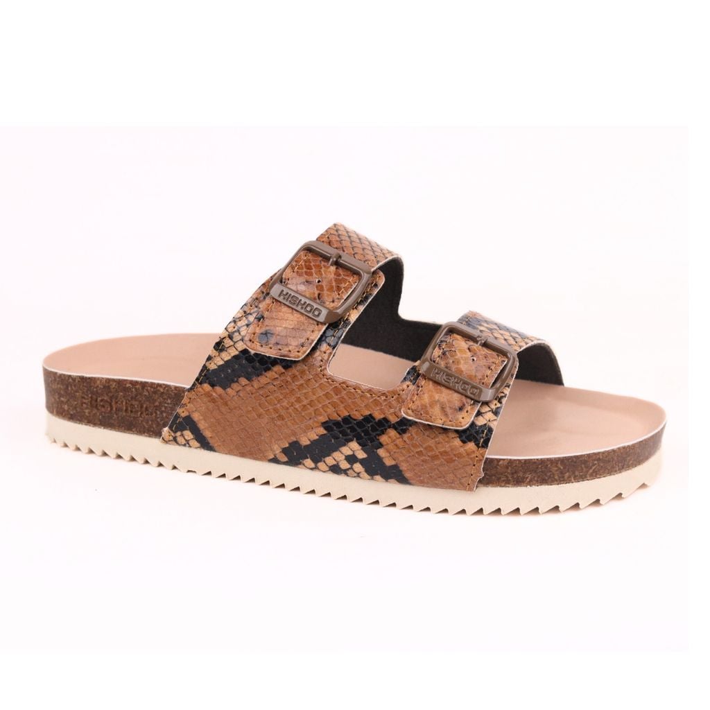 Dép đế trấu birken 2 khoá Nâu Vân Rắn premium HISHOO B093