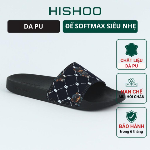 Dép quai ngang da bò lộn Đen+Xanh Dương Gấu Bí Lù Monogram HISHOO U113