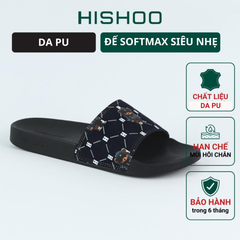 Dép quai ngang da bò lộn Đen+Xanh Dương Gấu Bí Lù Monogram HISHOO U113