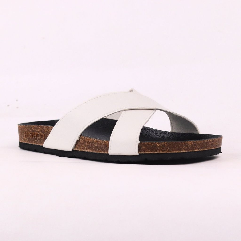 Dép đế trấu birken quai ngang chéo MẶT ĐEN da bò HISHOO M096