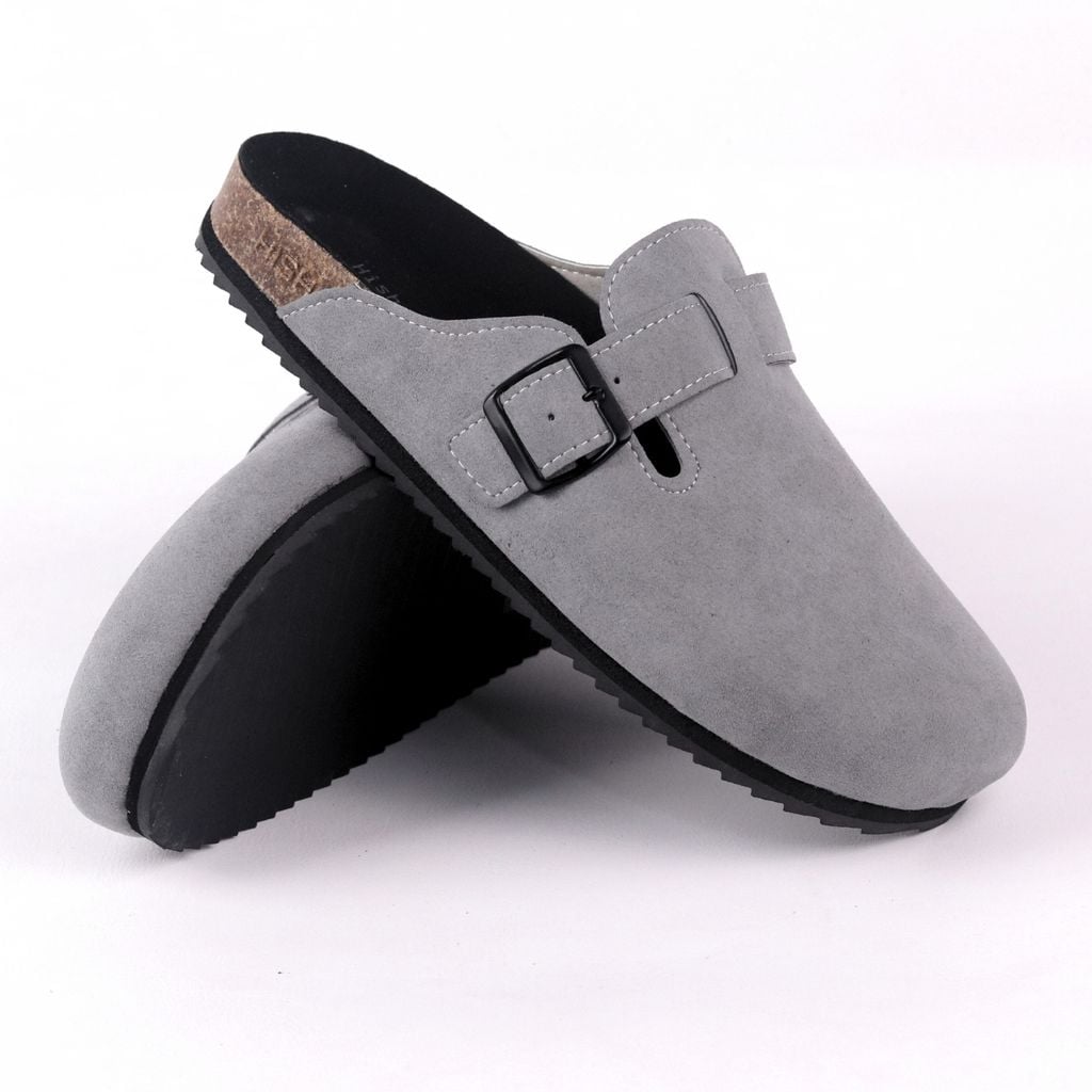 Dép đế trấu sục Boston Xám/ Kem/Bò quai ngang da lộn HISHOO R109