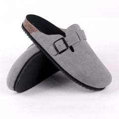 Dép đế trấu sục Boston Xám/ Kem/Bò quai ngang da lộn HISHOO R109