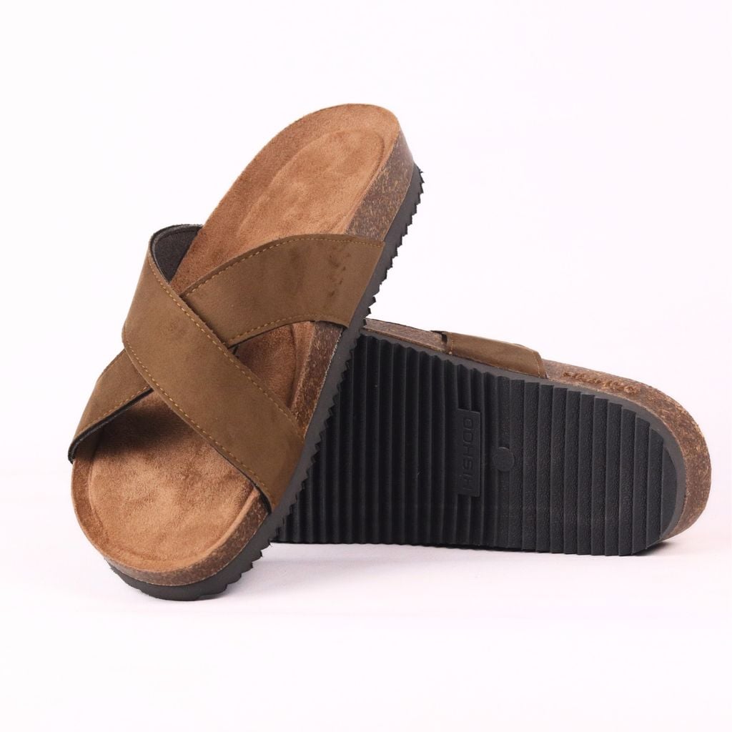 Dép đế trấu birken quai ngang chéo da lộn premium HISHOO H096