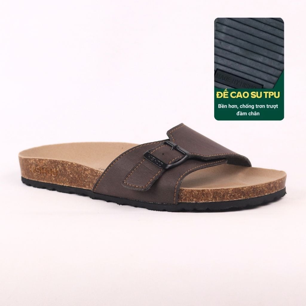 Dép đế trấu birken quai ngang 1 khoá da bò HISHOO M113