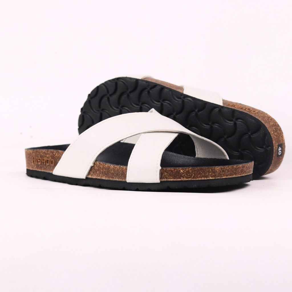 Dép đế trấu birken quai ngang chéo MẶT ĐEN da bò HISHOO M096