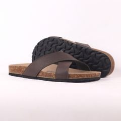 Dép đế trấu birken quai ngang chéo MẶT ĐEN da bò HISHOO M096