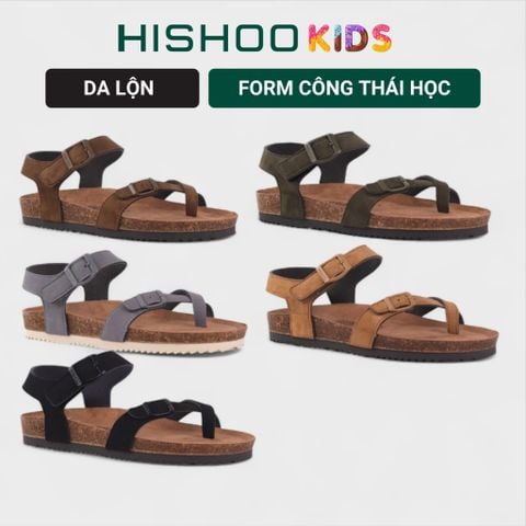 Dép đế trấu birken bé trai bé gái quai ngang sandal xỏ ngón da lộn premium HISHOO H118